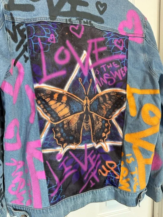 Chemistry Graffiti Print Butterfly Graphic Denim Jacket Size M - Picture 5 of 13